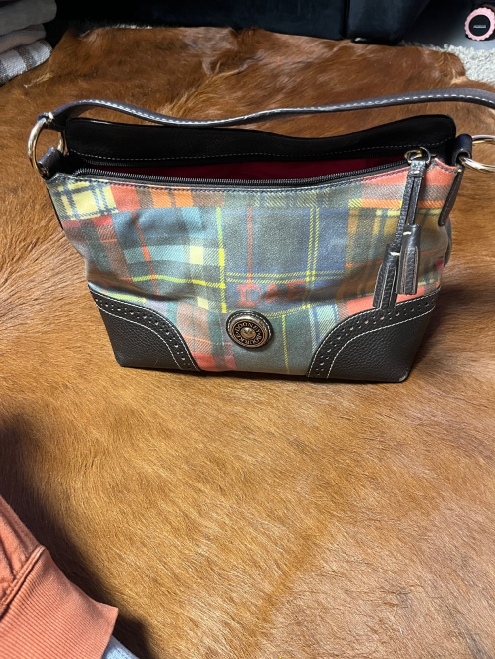 Dooney & Bourke Green, Orange & Yellow Plaid Crossbody Bag
